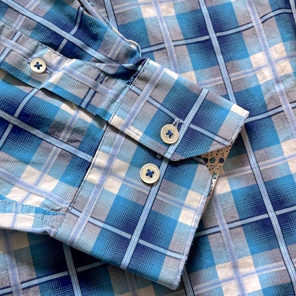 BUGATCHI - Men's Blue Plaid Dress Shirt - Picture 6 of 11